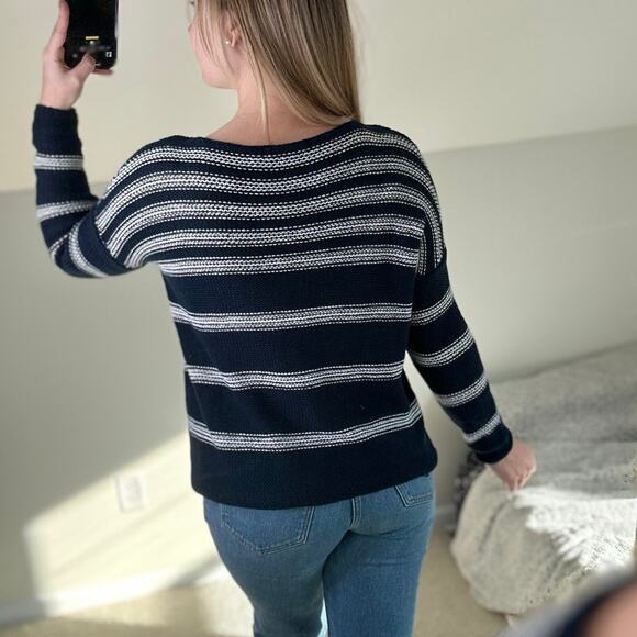 Vince: Navy Striped Knit Crew Neck Sweater - Picture 9 of 10